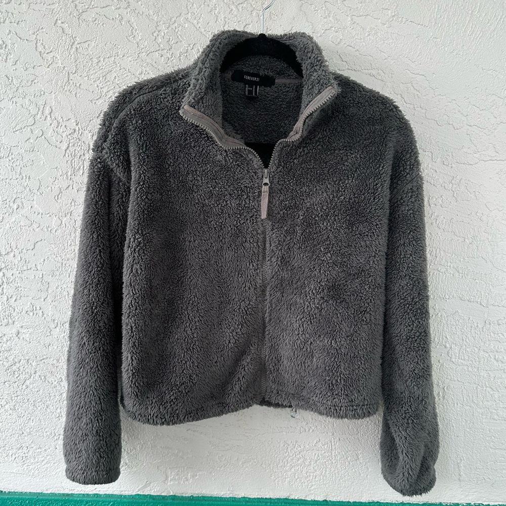 Forever 21 Sherpa Zip Dark Gray Medium Jacket
